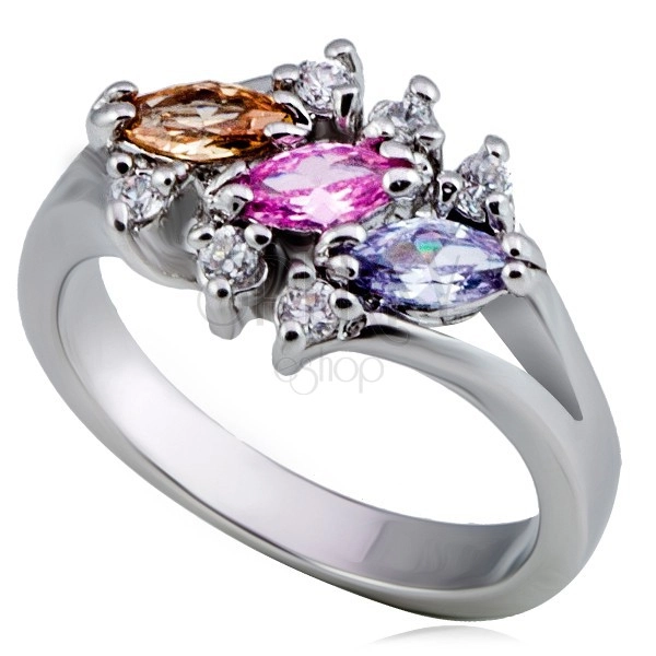 Shiny metal ring - three colourful grain-shaped zircons, clear edging