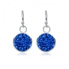 Shiny silver earrings - sapphire blue circle, zircons, 9 mm