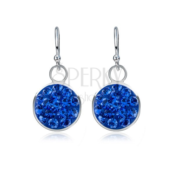 Shiny silver earrings - sapphire blue circle, zircons, 9 mm