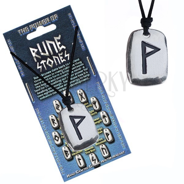 String necklace and metal pendant - black rune symbol Wunjo