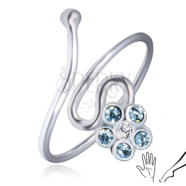 Shiny silver ring 925 - twisted line, blue zircon flower