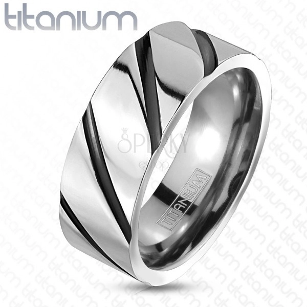 Ring made of titanium - glossy silver band, black diagonal stripes