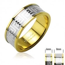Stainless steel wedding ring of gold colour with center stripe of silver colour