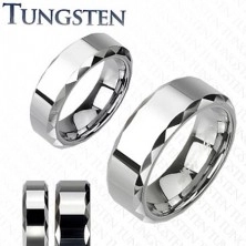 Tungsten ring, silver hue, bevelled cut sides, 8 mm