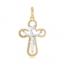 Pendant made of 14K gold - oval outline of cross with hollows and Christ in white gold