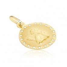 585 gold pendant - round plate with small holes and angel