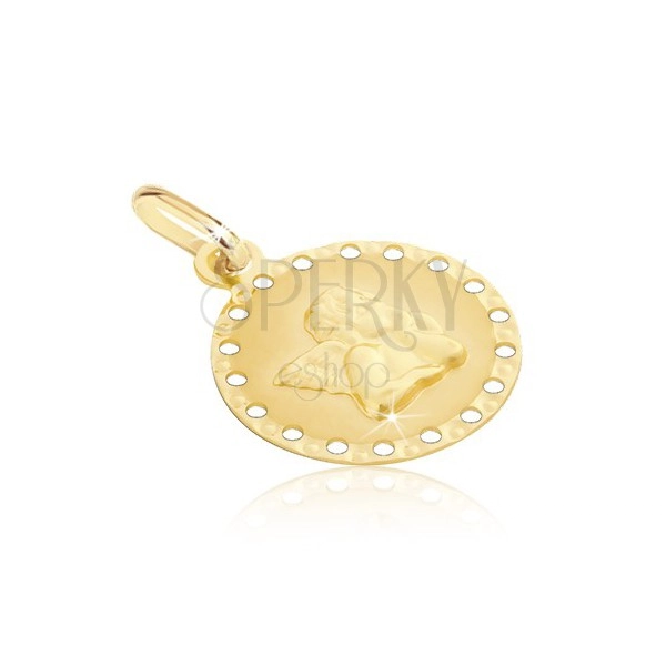 585 gold pendant - round plate with small holes and angel