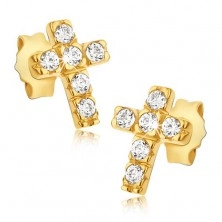 Gold earrings - crosses with six round zircons
