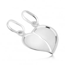 Double pendant made of 14K white gold - broken shiny heart with bent edge