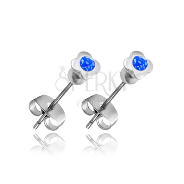 Earrings made of steel - shamrock with blue zircon