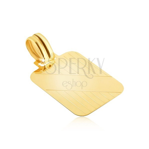Gold pendant - tag with vertical notches and diagonal smooth strap