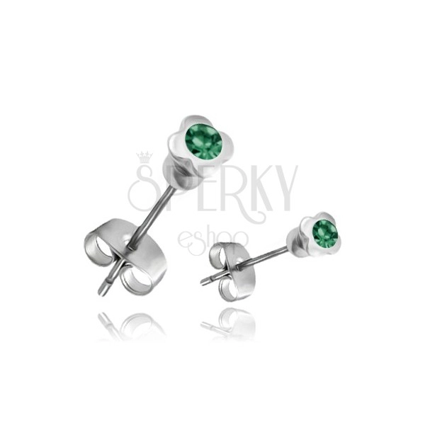 Steel earrings - shamrock with green zircon