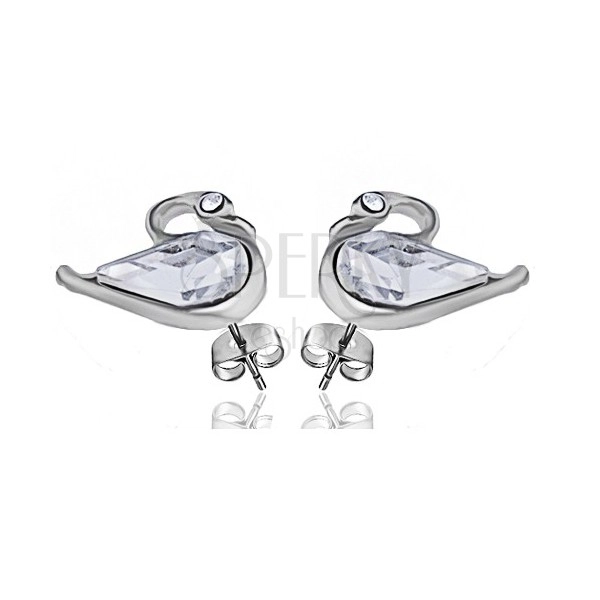 Rhodium plated shiny earrings in shape of swan - clear zircons