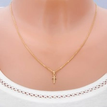 Gold 14K pendant - tiny glossy cross with engraved X