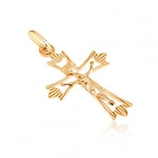 Pendant made of 14K gold - cross with branched bars with rays and Christ