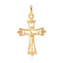 Pendant made of 14K gold - cross with branched bars with rays and Christ