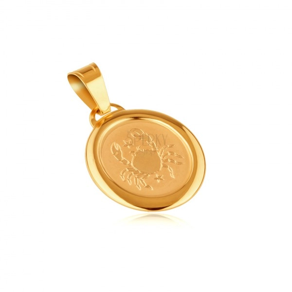 Gold 14K pendant - matt oval with shiny frame and zodiac sign CANCER
