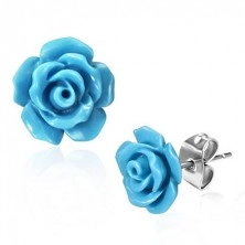 Steel stud earrings, shiny blue rose flower