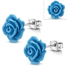 Steel stud earrings, shiny blue rose flower