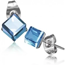 Steel earrings - light blue zircon, cube