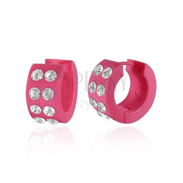 Earrings made of acrylic - round, pink with clear zircons