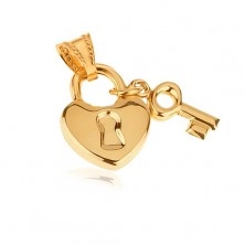 Gold pendant - shiny heart lock with key