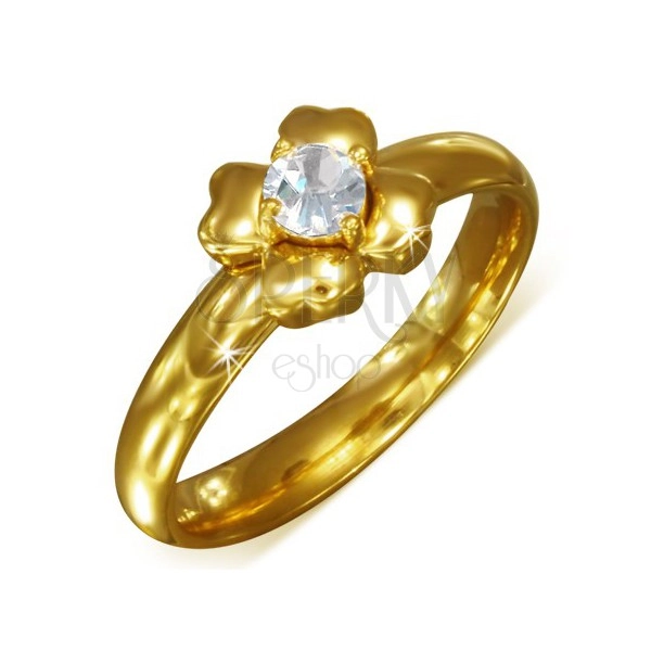 Gold ring made of surgical steel with clear zircon - flower