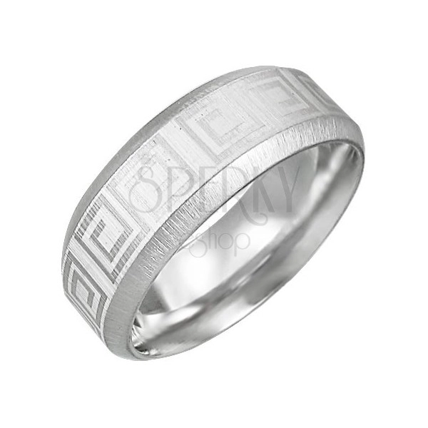 Steel ring with Greek key pattern, bevelled edges