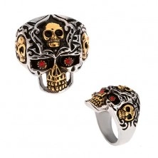 Ring made of steel 316L, gold and silver skull, red stones
