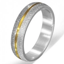 Sandblasted silver wedding ring made of steel, gold groove