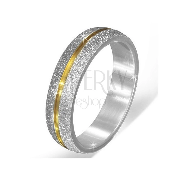 Sandblasted silver wedding ring made of steel, gold groove