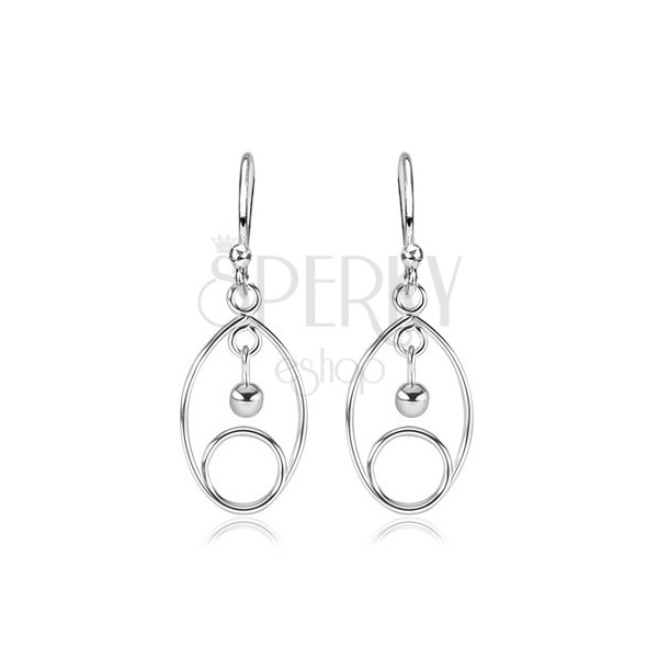 Silver dangling earrings - twisted ellipse with ball