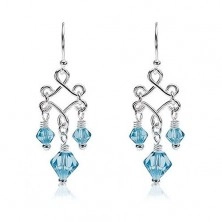Silver dangling earrings with blue glass beads