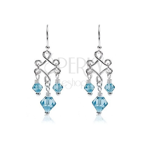 Silver dangling earrings with blue glass beads