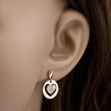 Gold earrings, round flat circles with cut-out, zircon heart