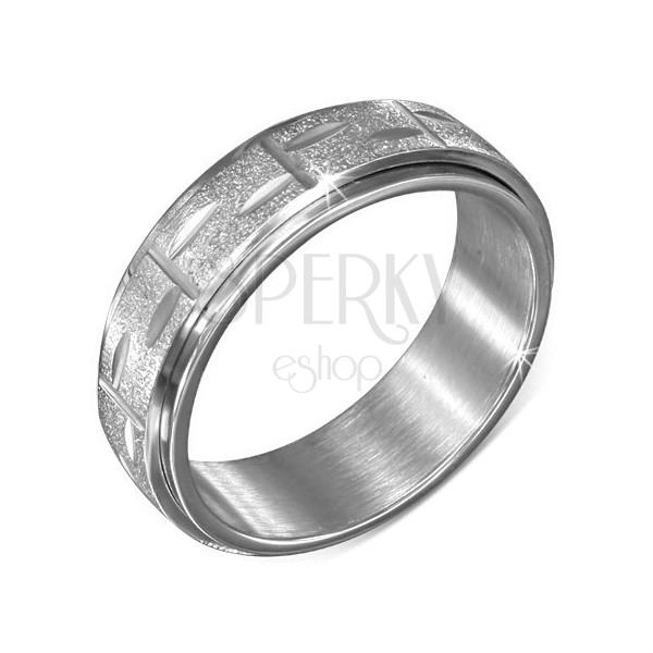 Silver ring made of steel - spinning sandblasted band with grooves