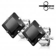 Stud earrings made of steel, black square zircon - different sizes
