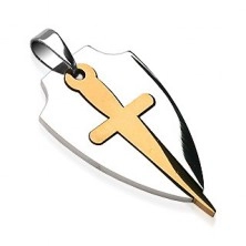 Pendant made of surgical steel in bicoloured design - sword and shield