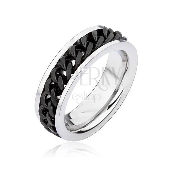 Silver band ring made of stainless steel with spinning black chain