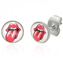 Steel earrings - red lips and stuck-out tongue, white background