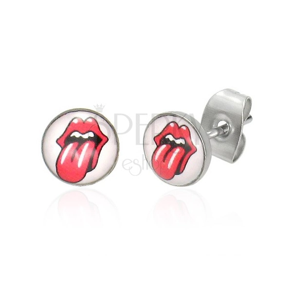 Steel earrings - red lips and stuck-out tongue, white background