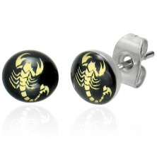 Steel earrings - scorpion in yellow colour on a black background, clear glaze