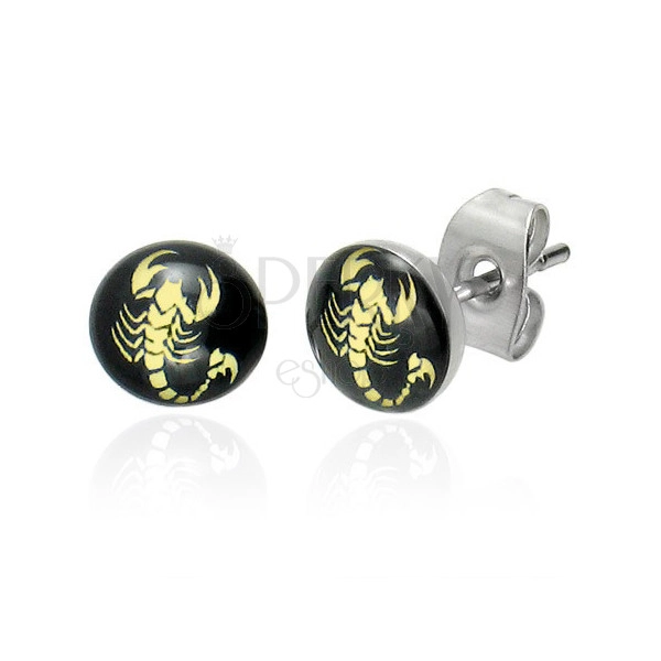 Steel earrings - scorpion in yellow colour on a black background, clear glaze