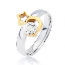 Steel ring in silver colour, gold moon, star contour and clear zircon