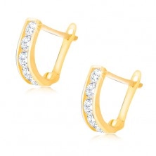 Shiny gold earrings - vertical stripe with clear round zircons