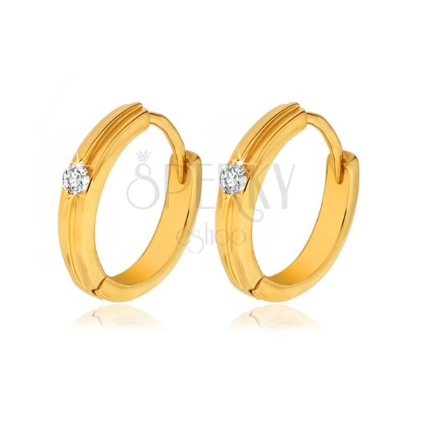 Gold round earrings - slim protuberant stripe, clear stone