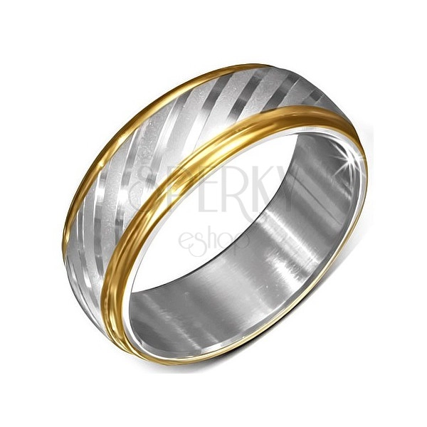 Steel ring with golden edges and satin diagonal stripes