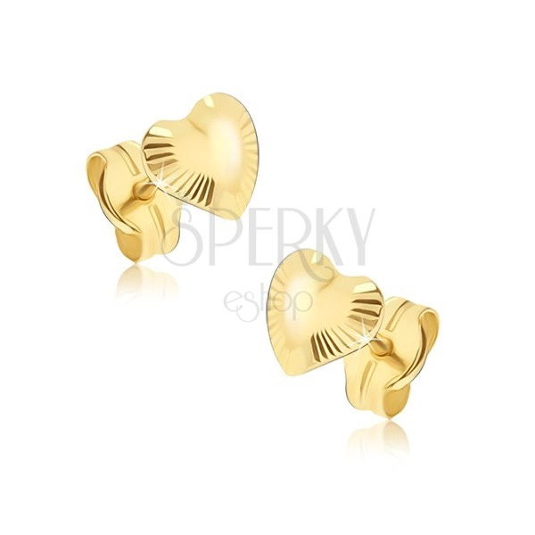 Sparkling gold earrings - irregular hearts, radial grooves