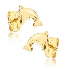 Shiny earrings made of yellow 14K gold - bent body of leaping dolphin