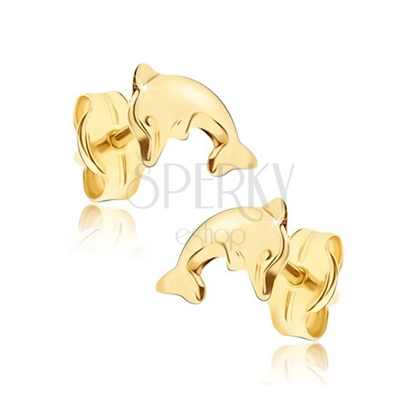 Shiny earrings made of yellow 14K gold - bent body of leaping dolphin